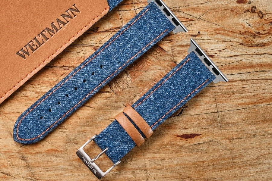 weltmann recycled denim and vegan appleskin watch strap