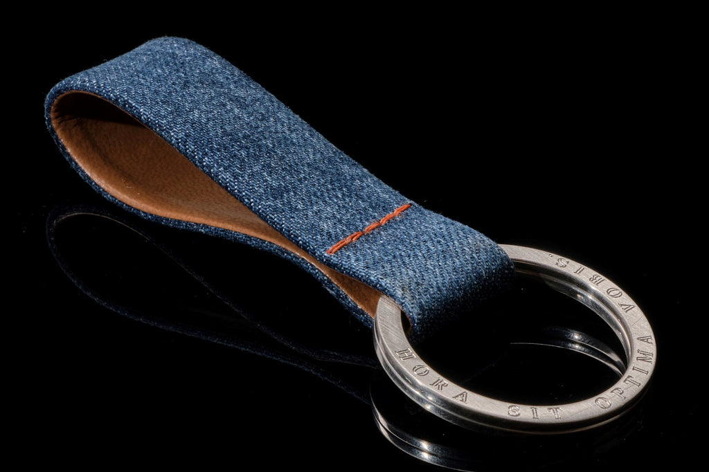 DENIM vegan Leather genuine silver keychain