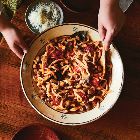 STROZZAPRETI WITH TINY MEATBALLS by Julia Busuttil Nishimura with NON Wine Alternative