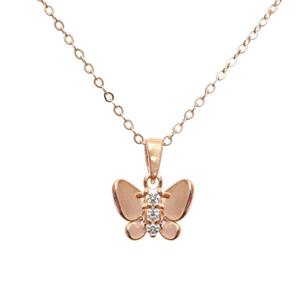 Rose Gold Butterfly Necklace by Kilkenny Silver  Rose gold plated sterling silver butterfly pendant with 3 cubic zirconia stones. Sold with 18 inch rose gold plated sterling silver chain.
