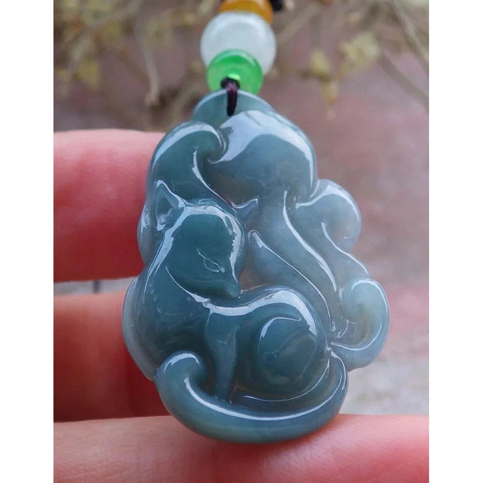 Certified Green Burma 100% Natural A Jade Jadeite Pendant Fox Necklace