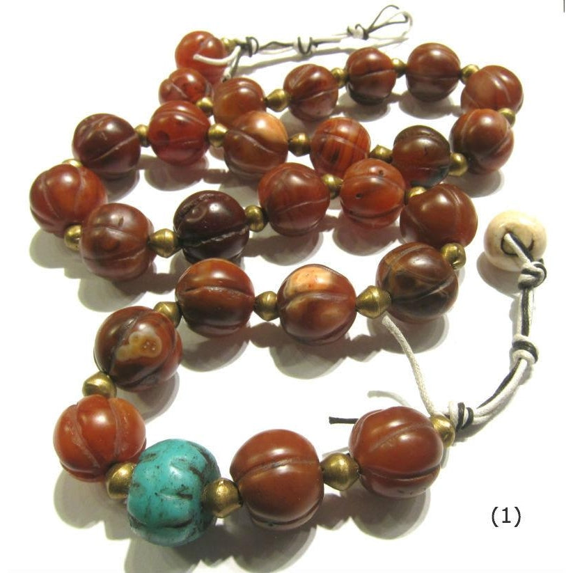 Tulsi Wooden Bracelet with Hindu Charms and Ancient Indus Valley Etched Carnelian Beads