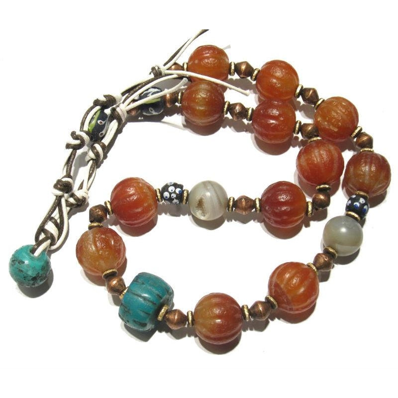 Tulsi Wooden Bracelet with Hindu Charms and Ancient Indus Valley Etched Carnelian Beads