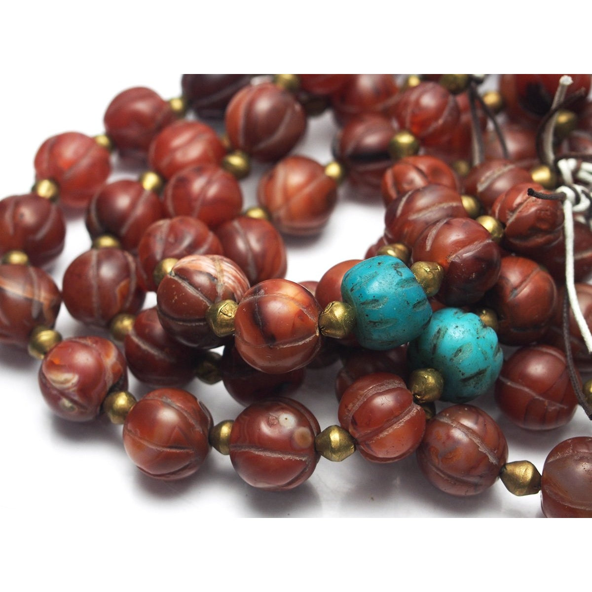 Tulsi Wooden Bracelet with Hindu Charms and Ancient Indus Valley Etched Carnelian Beads