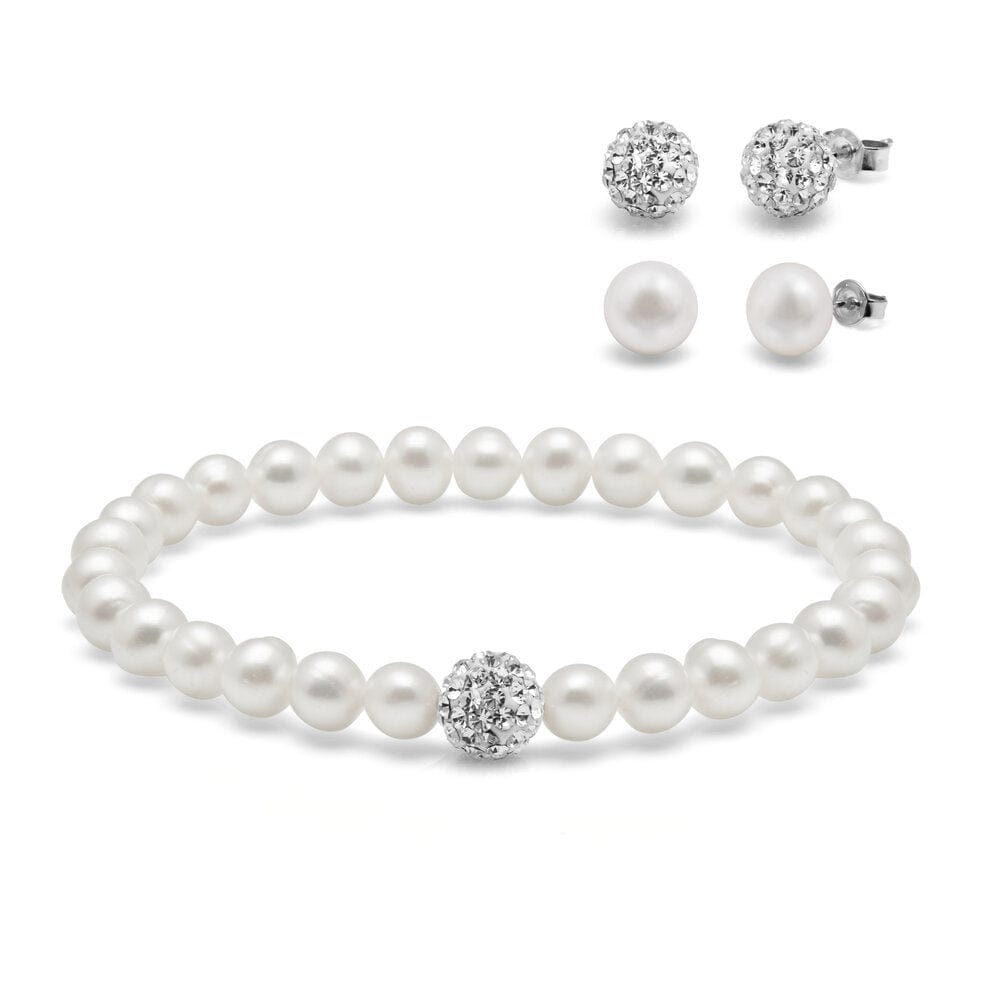 Freshwater Pearl and Crystal Ball Bracelet with Matching Studs and 925 Sterling Silver - Kyoto Pearl product image