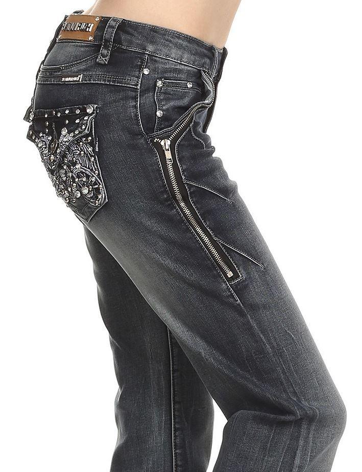 Boot cut denim biker jeans on back 