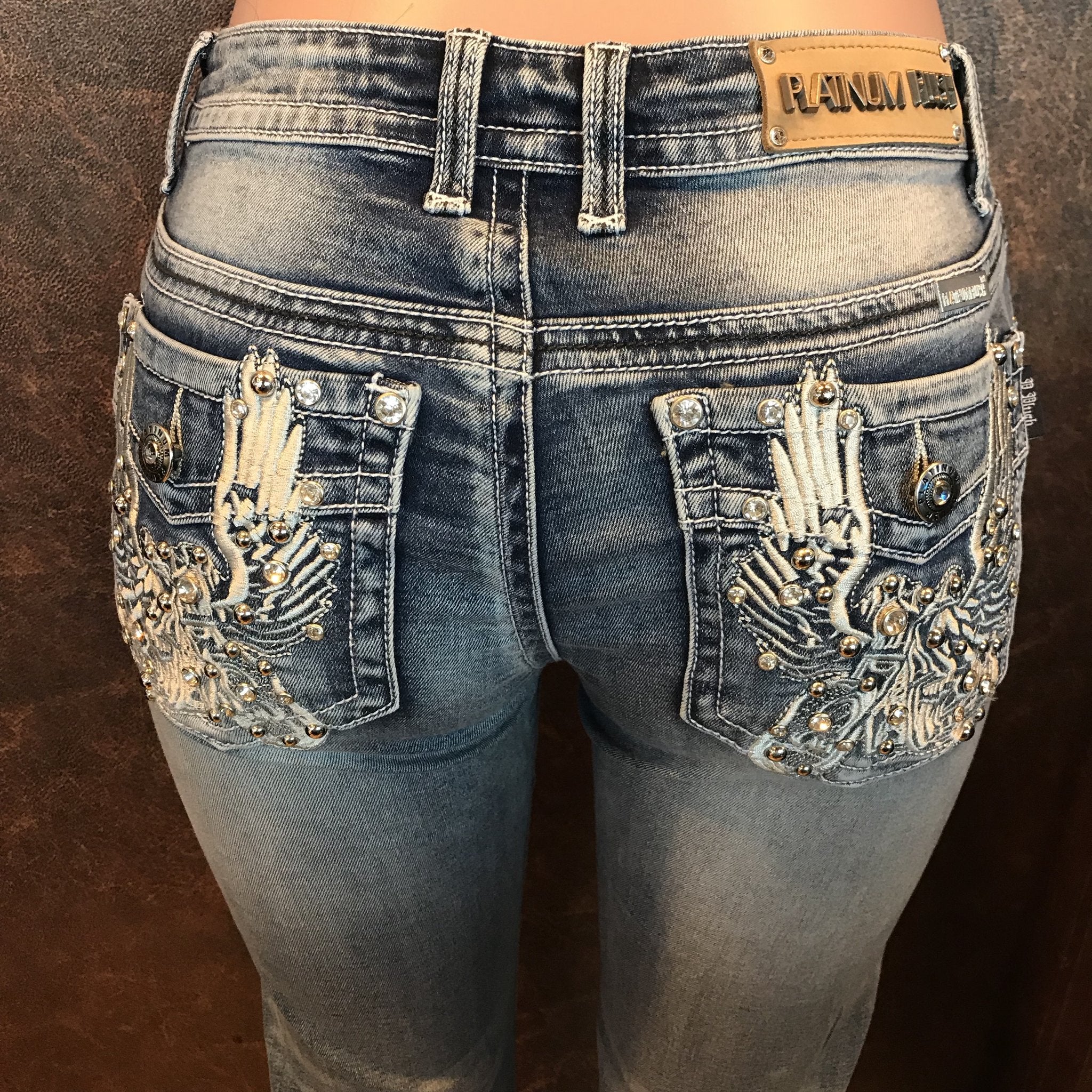 Boot Cut denim motorcycle detail on back pocket Biker jeans women Boot Stables