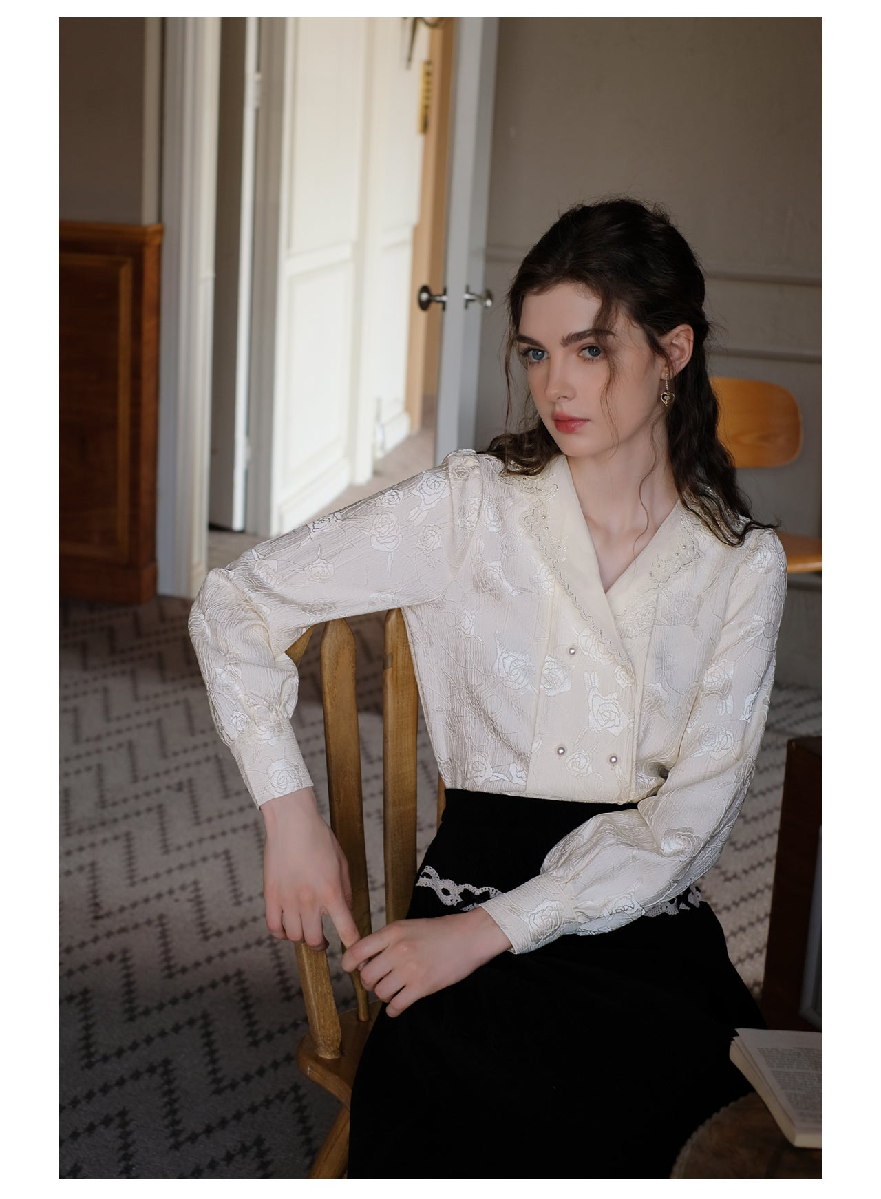 Vintage Elegant Jacquard Blouse + V Neck Pinafore Dress