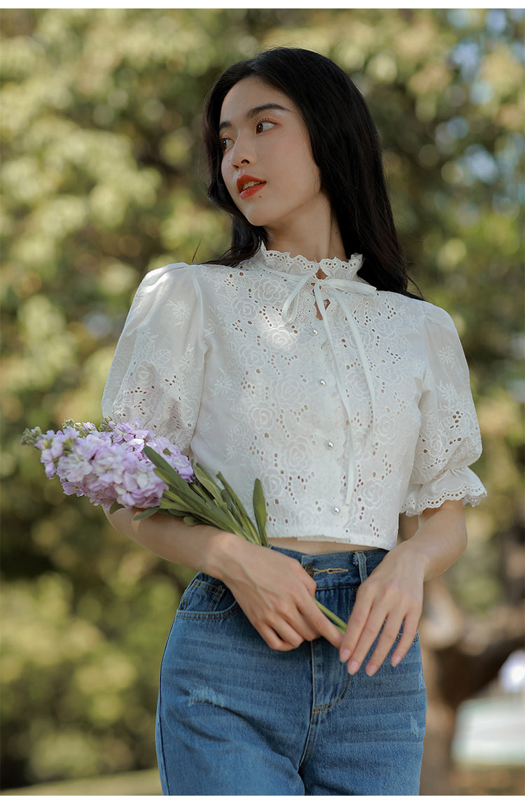 Stand Lace Collar Puffy Sleeve Blouse– The Cottagecore