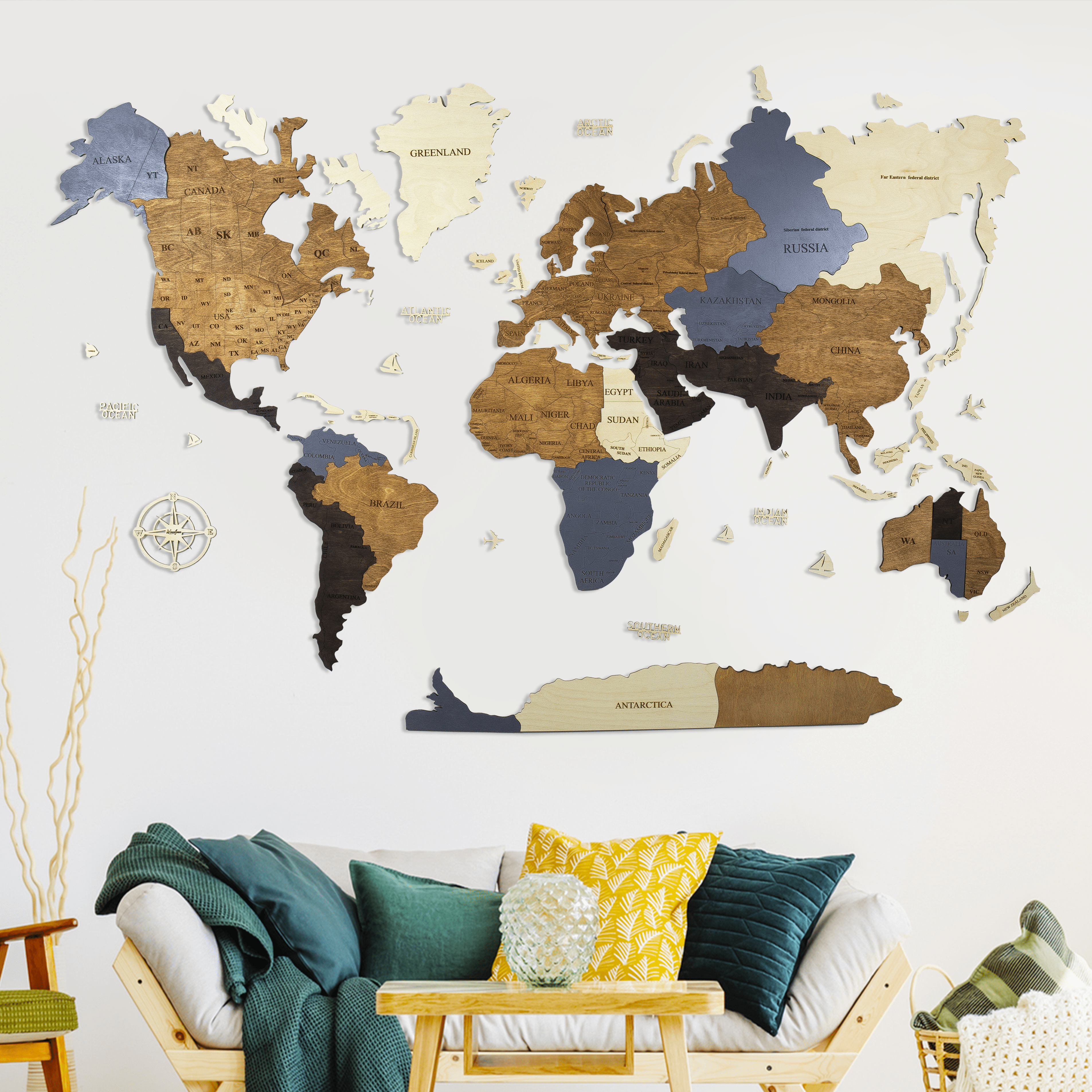 Wooden World Map - Multicolored (Gray) XL Blank Map