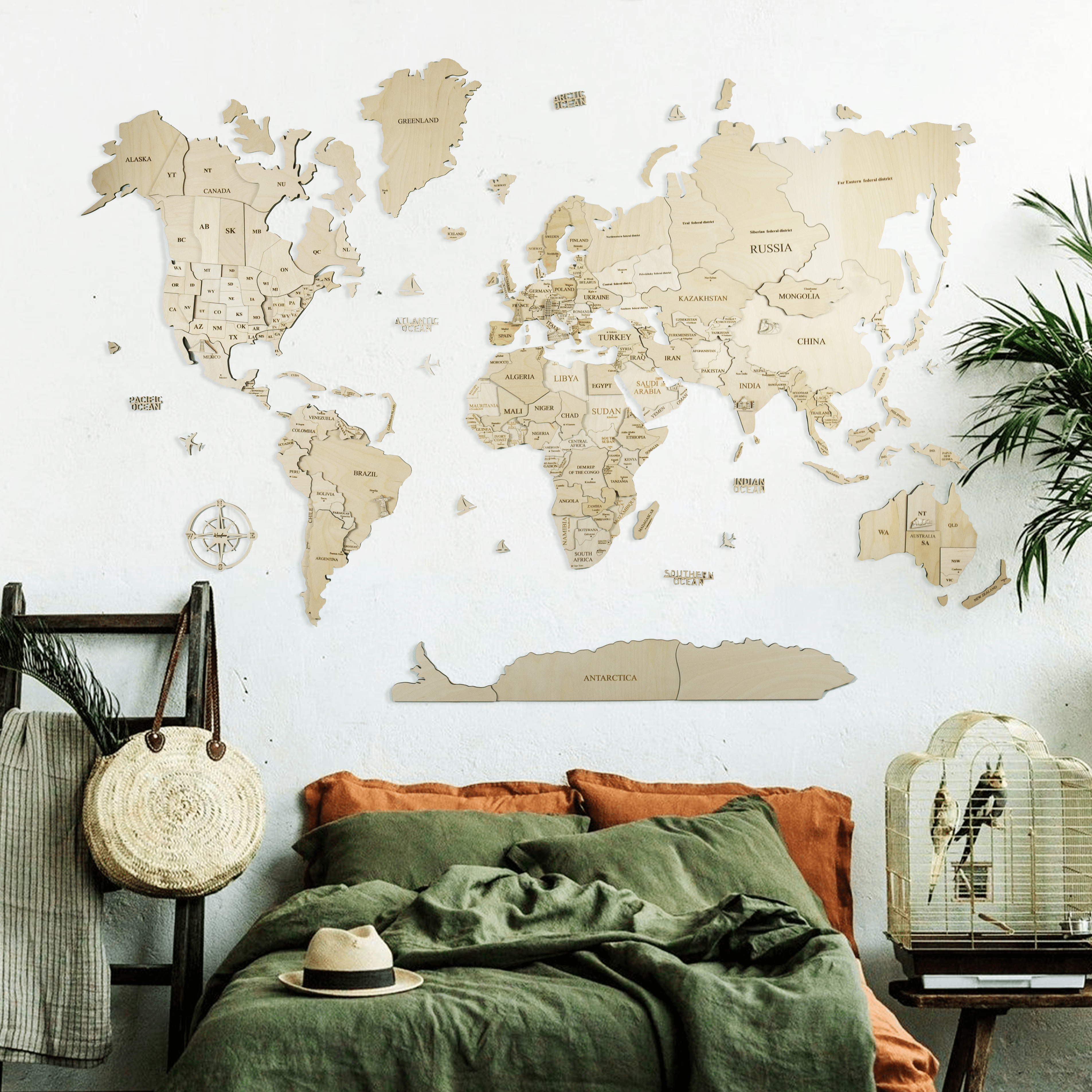 3D Wooden World Map -  White Color
