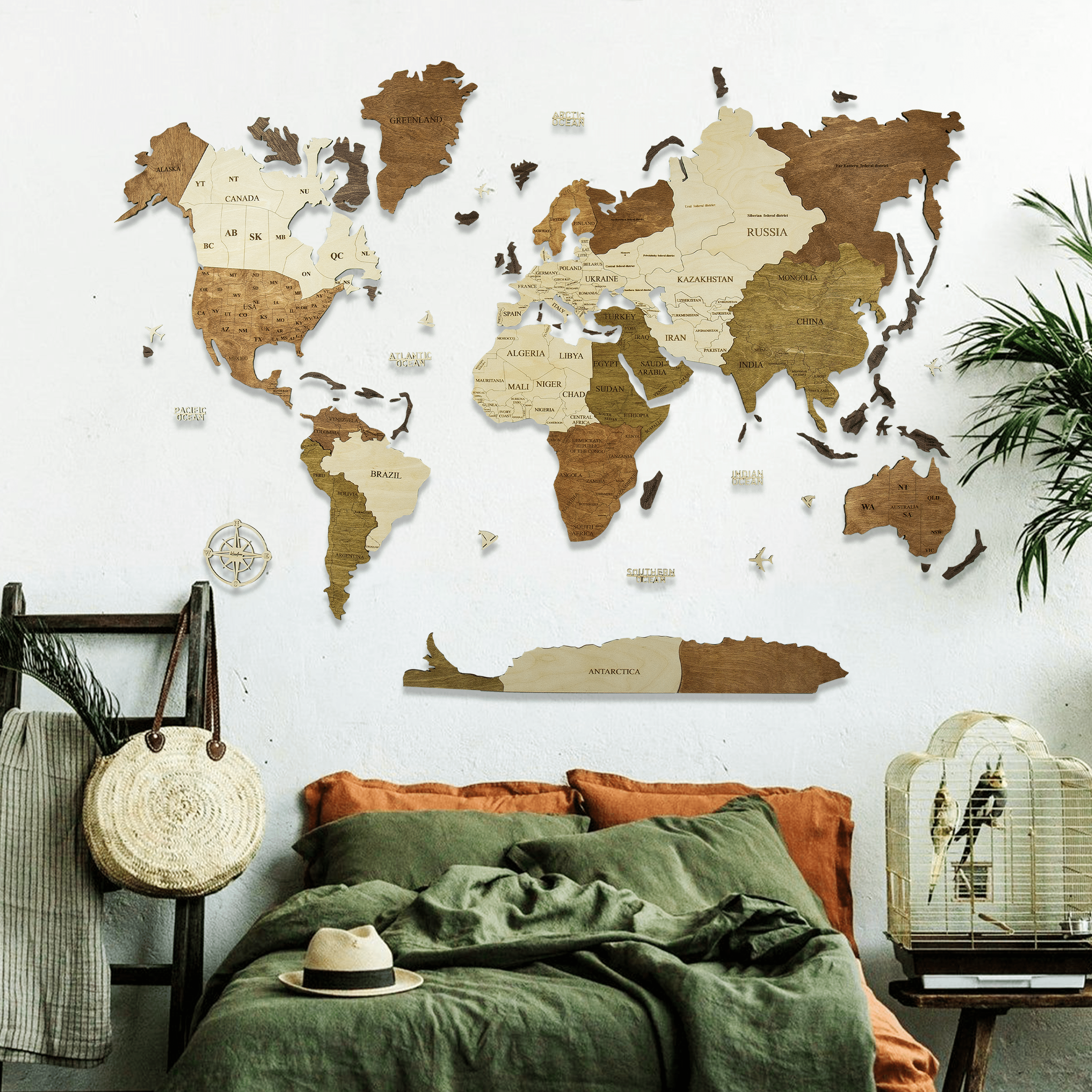 Wooden World Map - Multicolored (Brown)