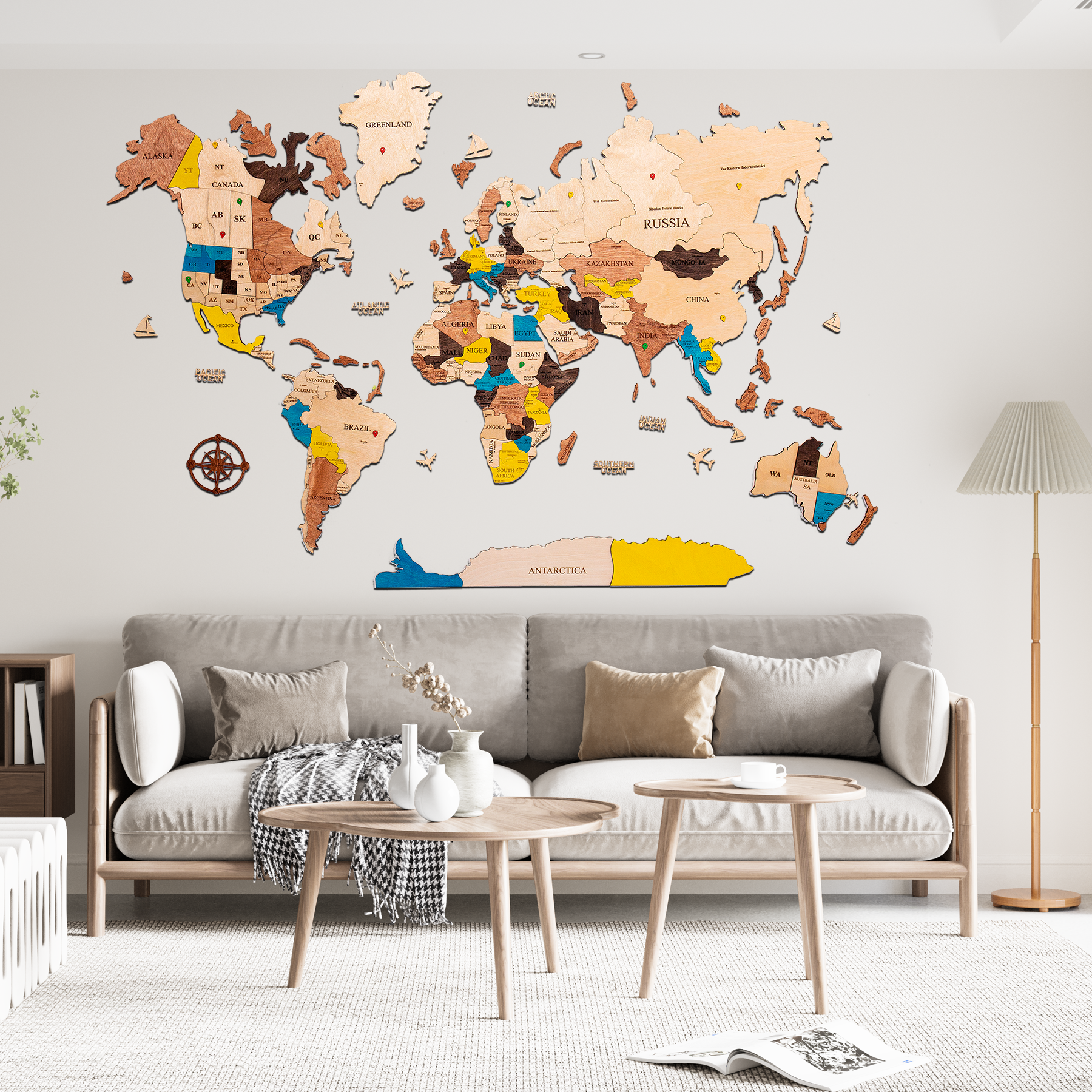 3D Wooden World Map - Multicolored 03 L Blank Map