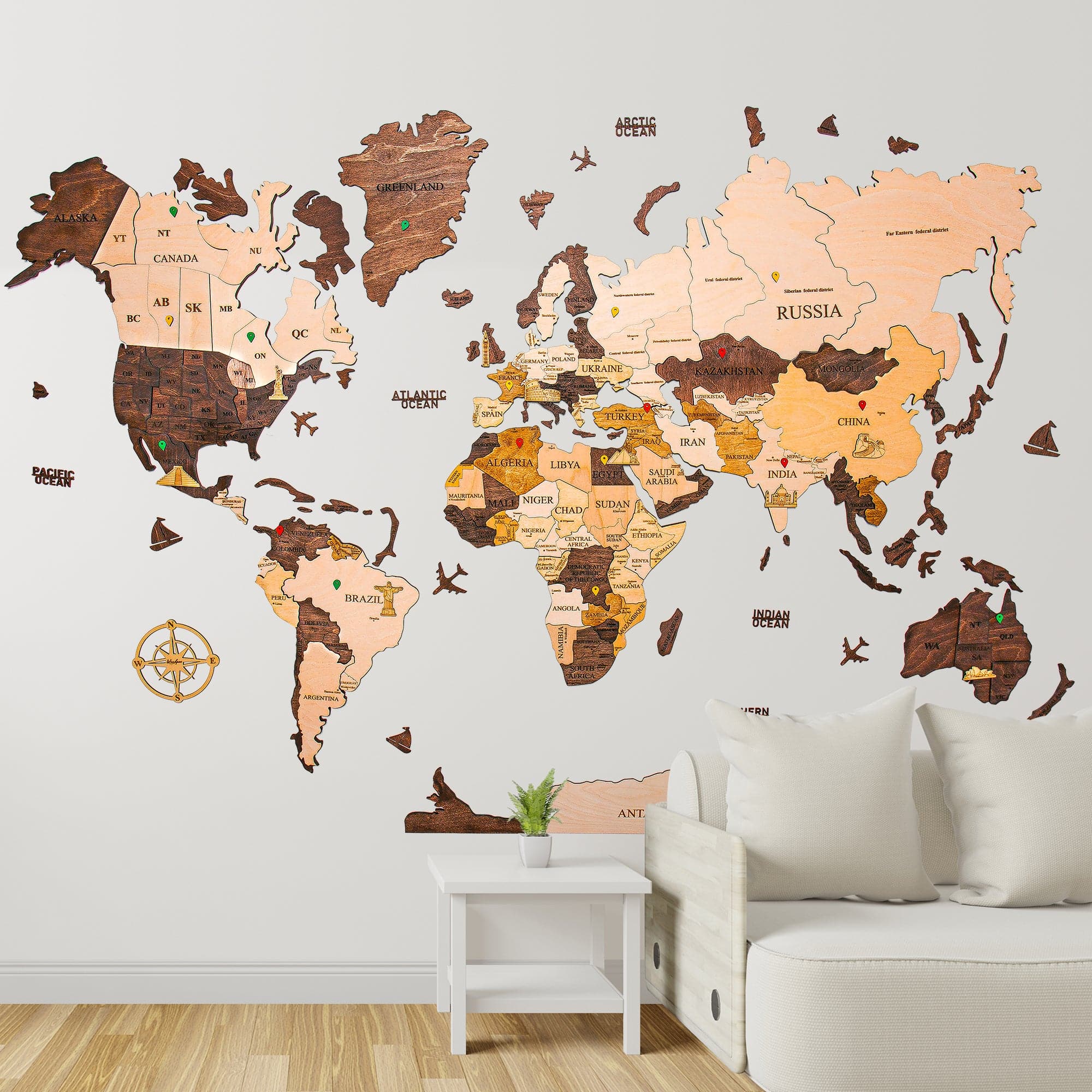 3D Wooden World Map - Multicolored 04 L Blank Map