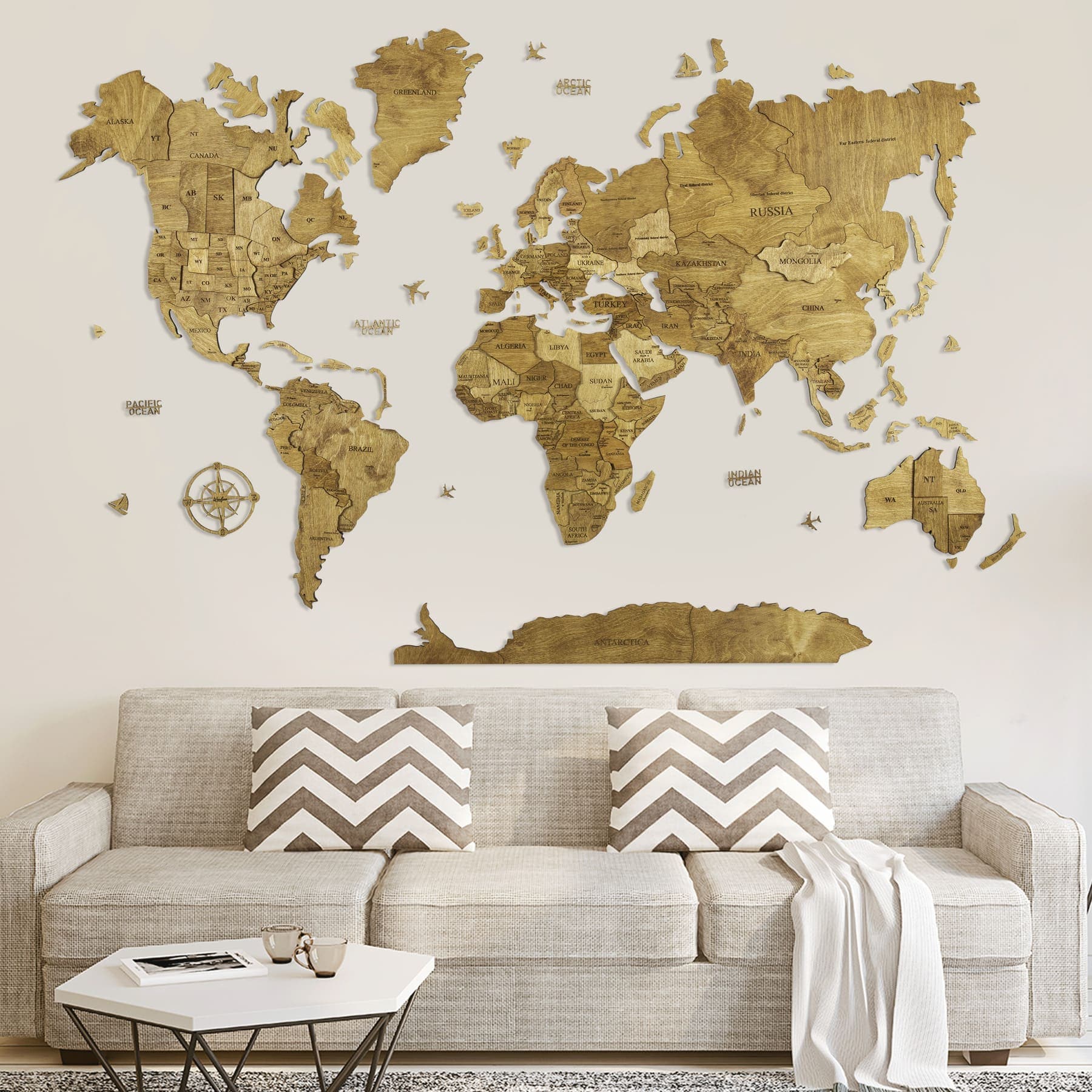 Wooden World Map - Yellow Color L Premium