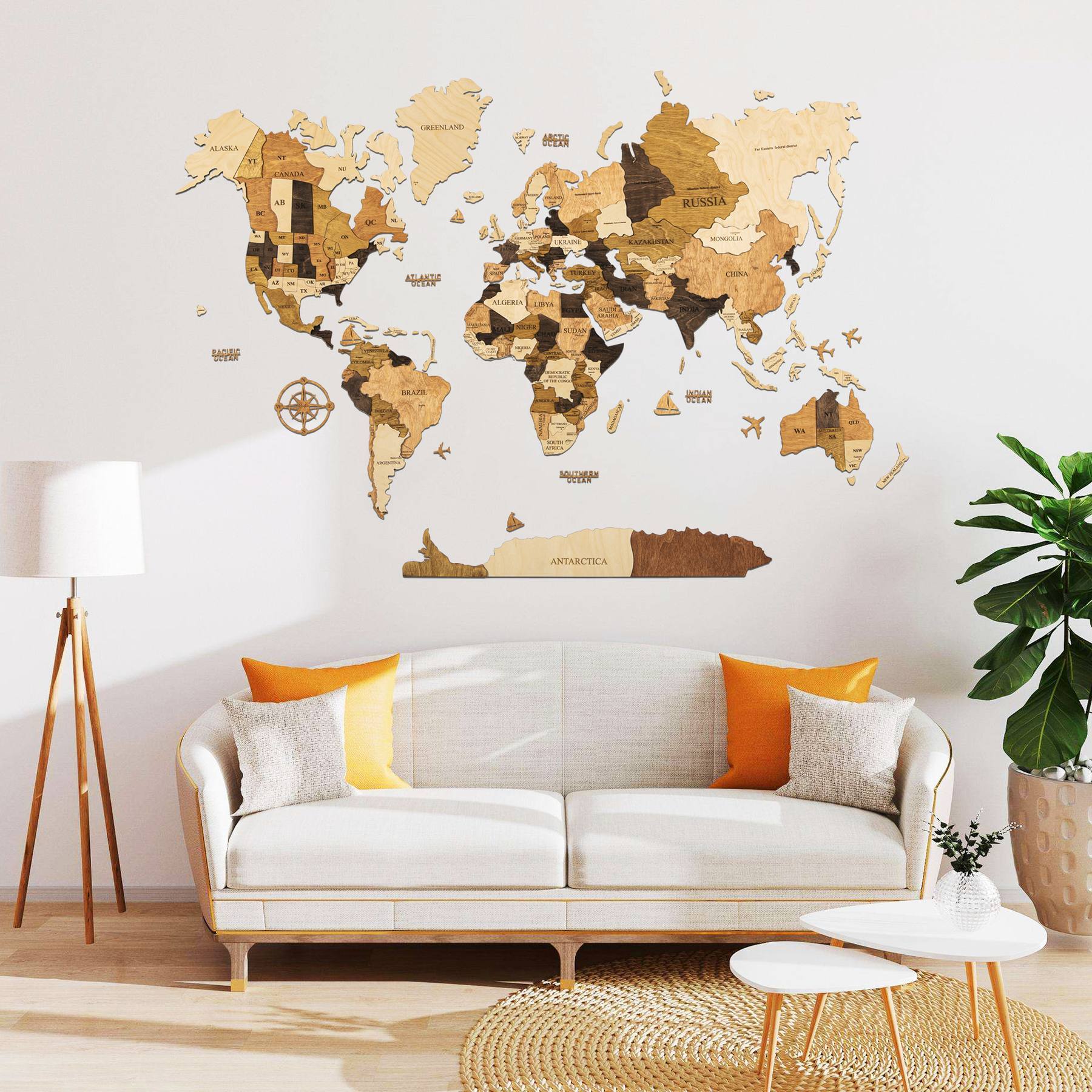 3D Wooden World Map - Multicolored 01 L Blank Map