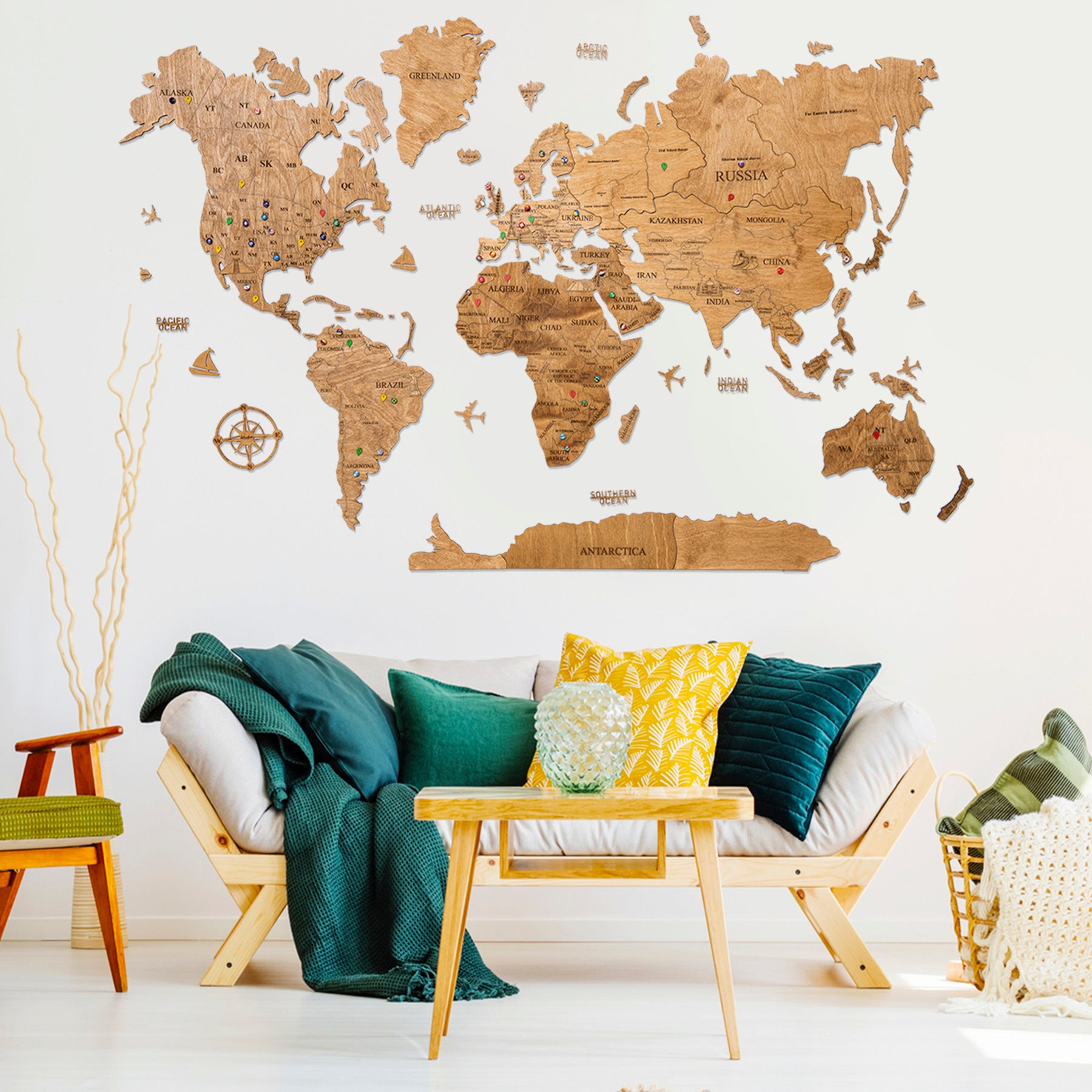 2D Wooden World Map - Yellow Color XL Full Pack