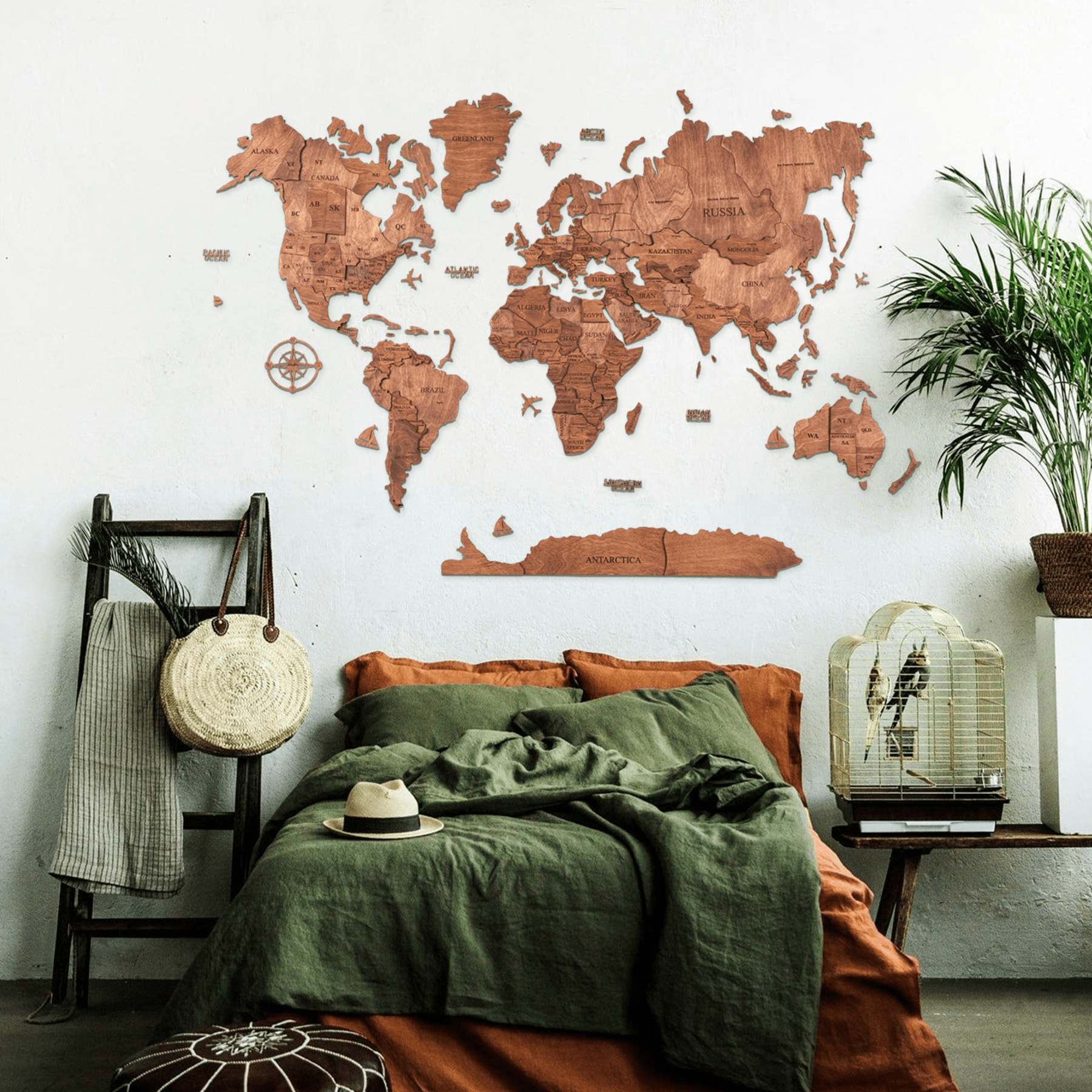 3D Wooden World Map -  Brown Color