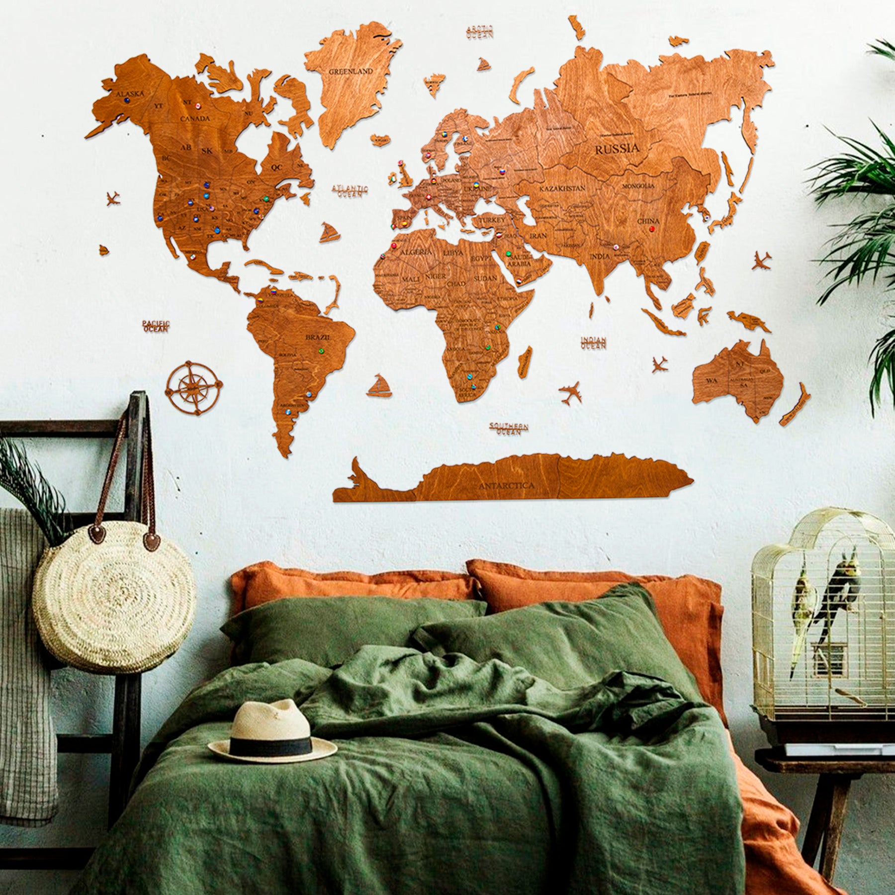 2D Wooden World Map - Brown Color XL Full Pack