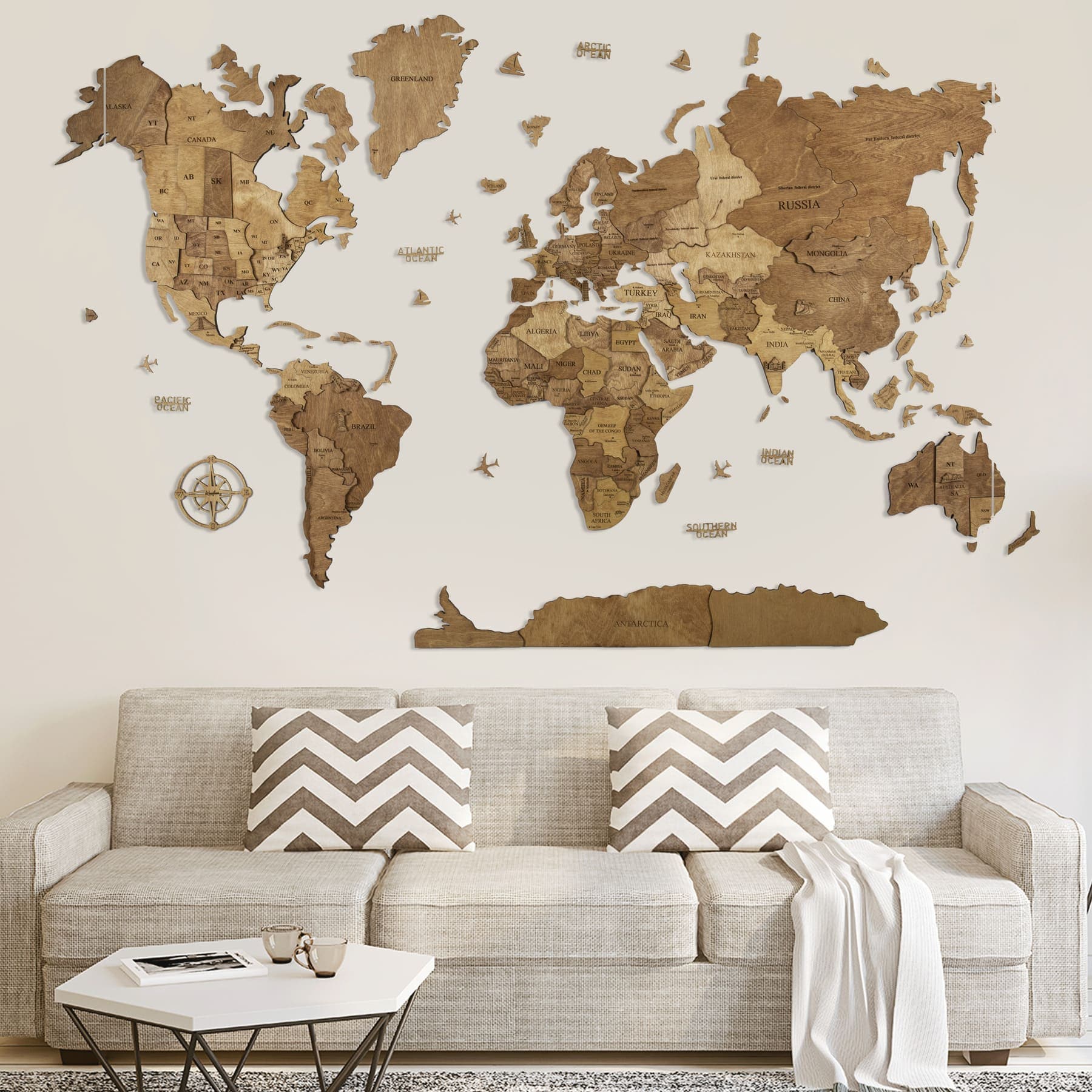 Wooden World Map - Brown Color