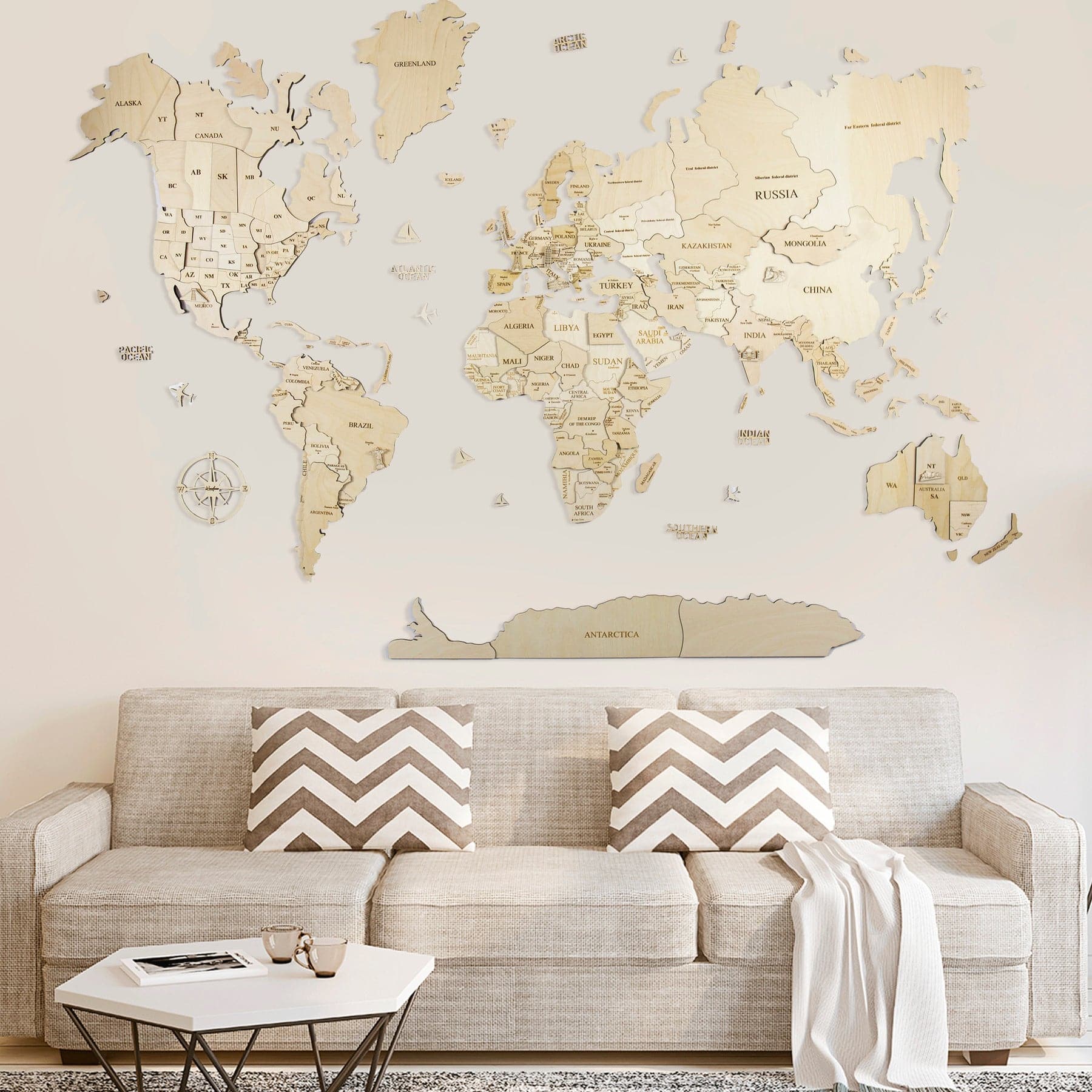 Wooden World Map - White Color L Premium