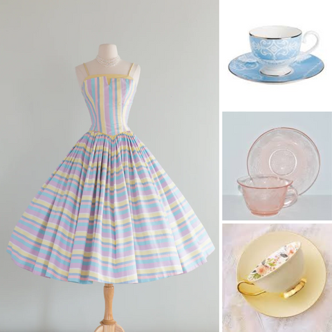 Pastel plaid dress on the left.  On the right are 3 teacups one pastel pink, one pastel blue, and one pastel yellow