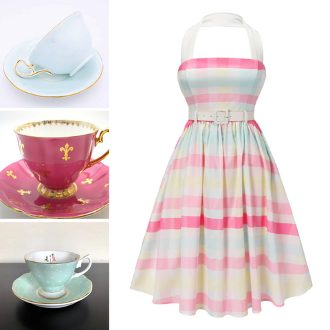 Pink, yellow, and blue plaid halter dress with a light blue teacup a bright pink teacup and a mint green teacup