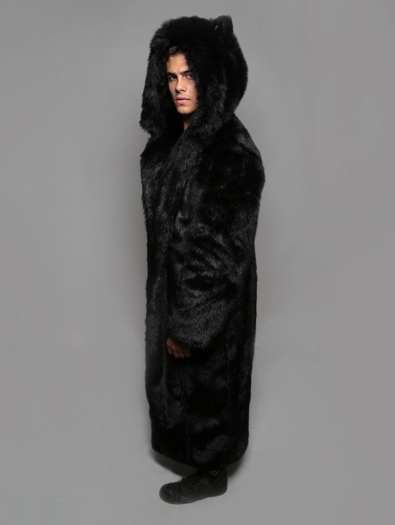 man wearing black faux fur coat