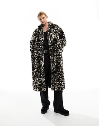 ASOS men's leopard long faux fur coat