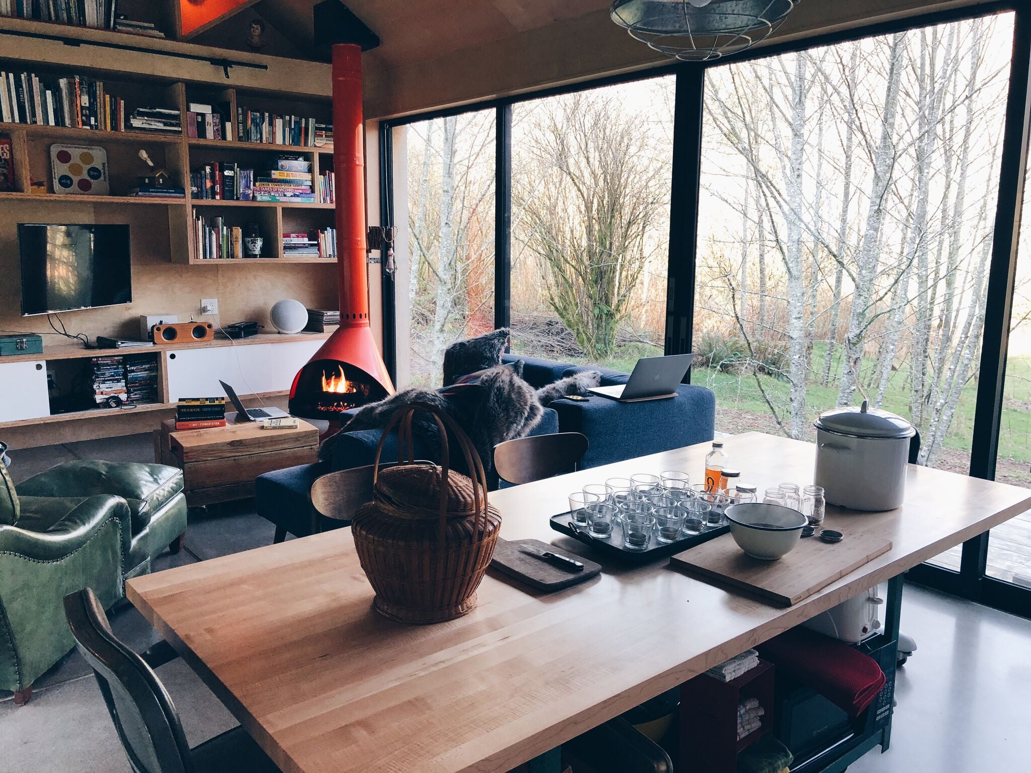 fire lit, blue couch, faux fur throw, laptop, inside little cabin