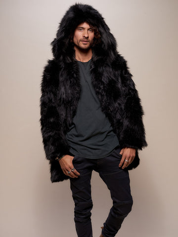 SpiritHoods- black wolf faux fur coat with hood- men's