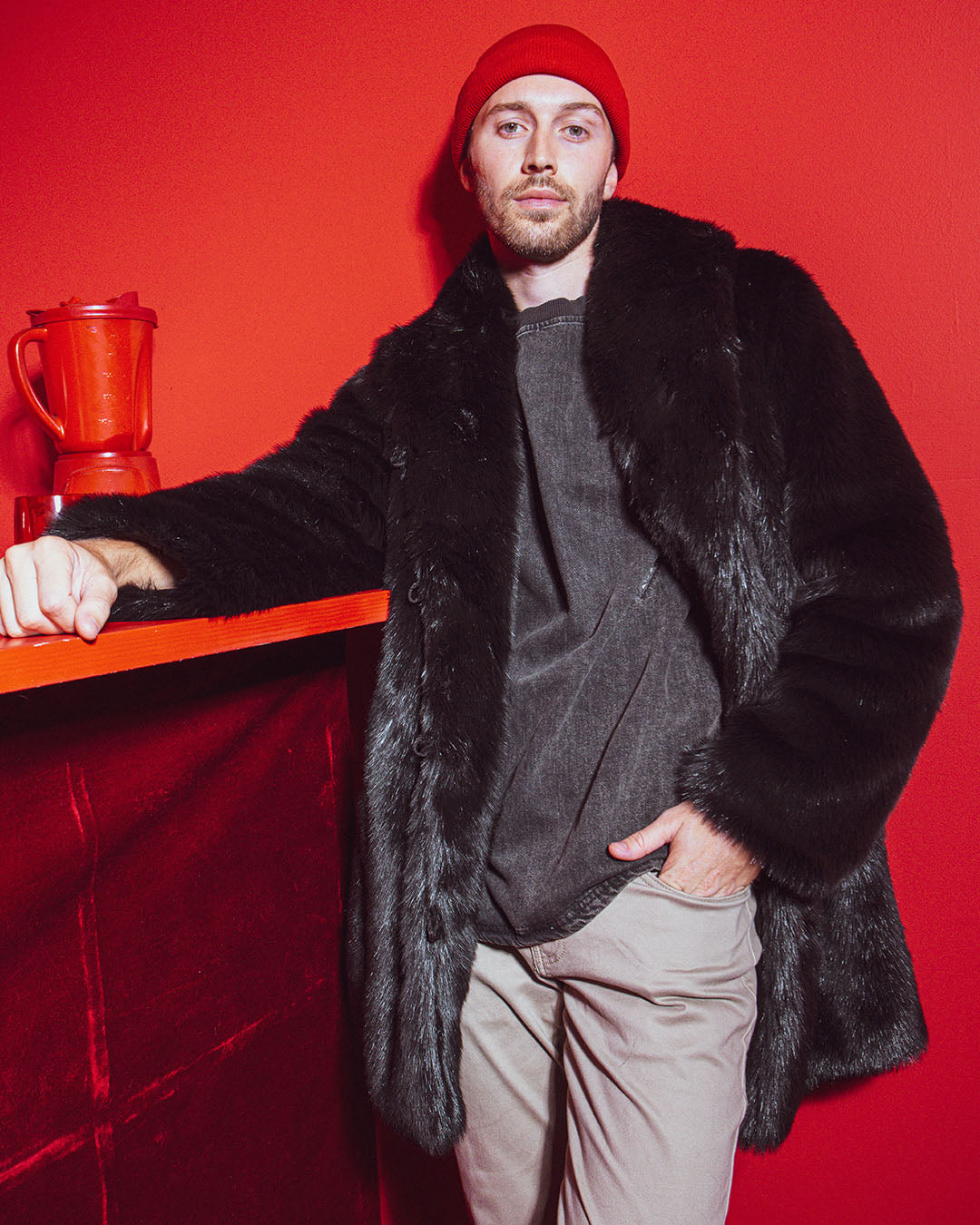 Men's Fashion Red Faux Fur Coat