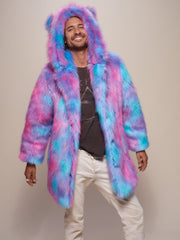 Man wearing classic cotton candy bear faux fur coat