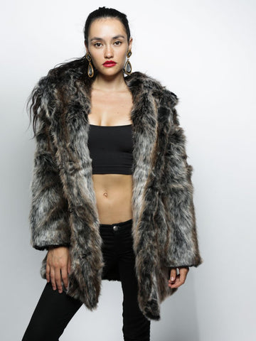 woman wearing grey wolf faux fur coat