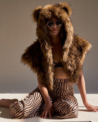 Woman wearing plush grizzly faux fur shawl