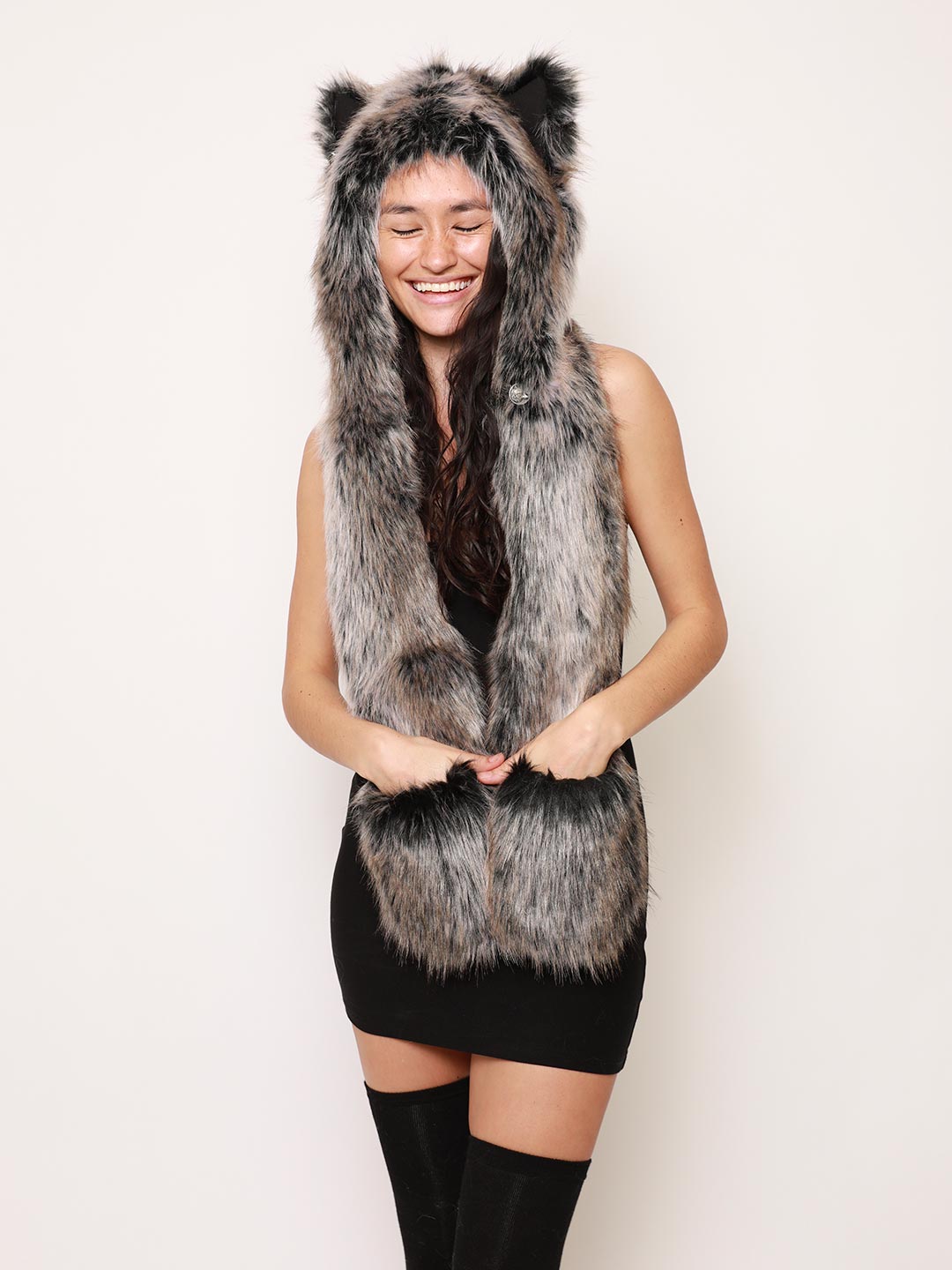 SpiritHoods® The Grey Wolf Faux Fur Hat Scarf With Ears & Paws Womens