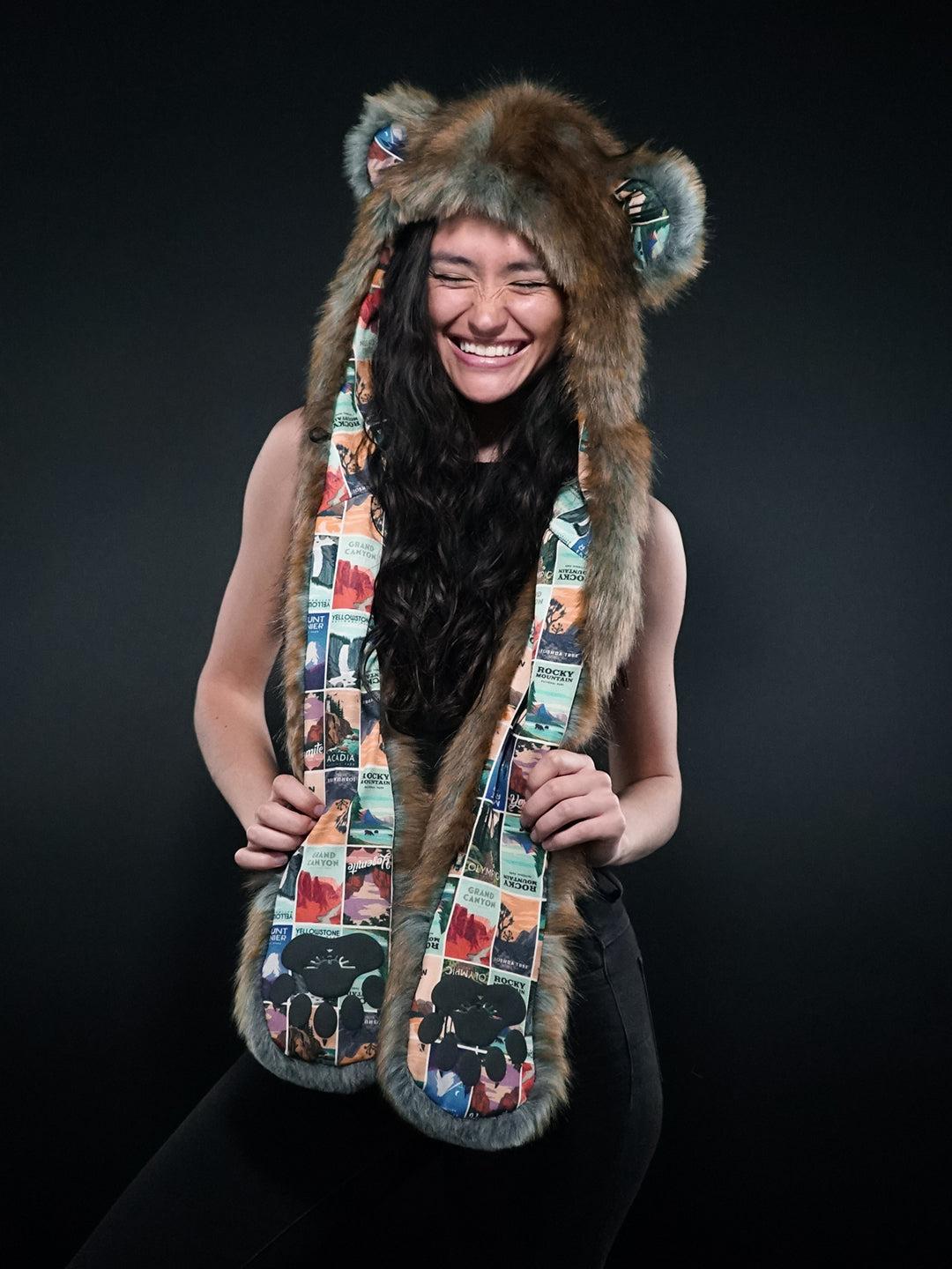 Exterior and Interior View of National Park Bear Collector Edition Faux Fur Hood 