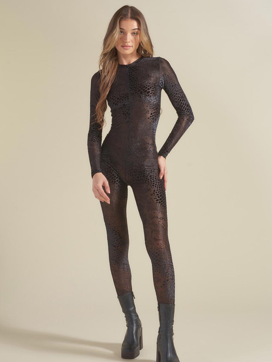 Black Snakeskin Burnout Velvet Full Bodysuit | Women's - SpiritHoods