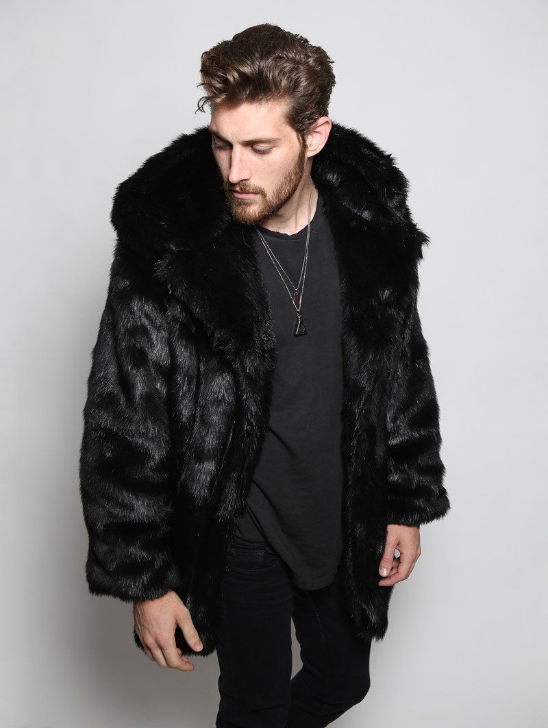 SpiritHoods® Faux Fur Mens Coat With Hood & Ears Classic Black Panther