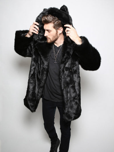 SpiritHoods® Faux Fur Mens Coat With Hood & Ears Classic Black Panther