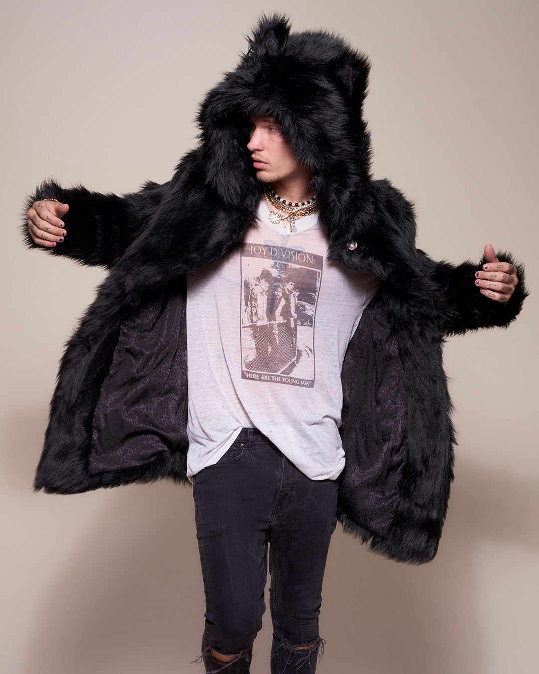 Black Wolf Hooded Faux Fur Coat | Men's - SpiritHoods