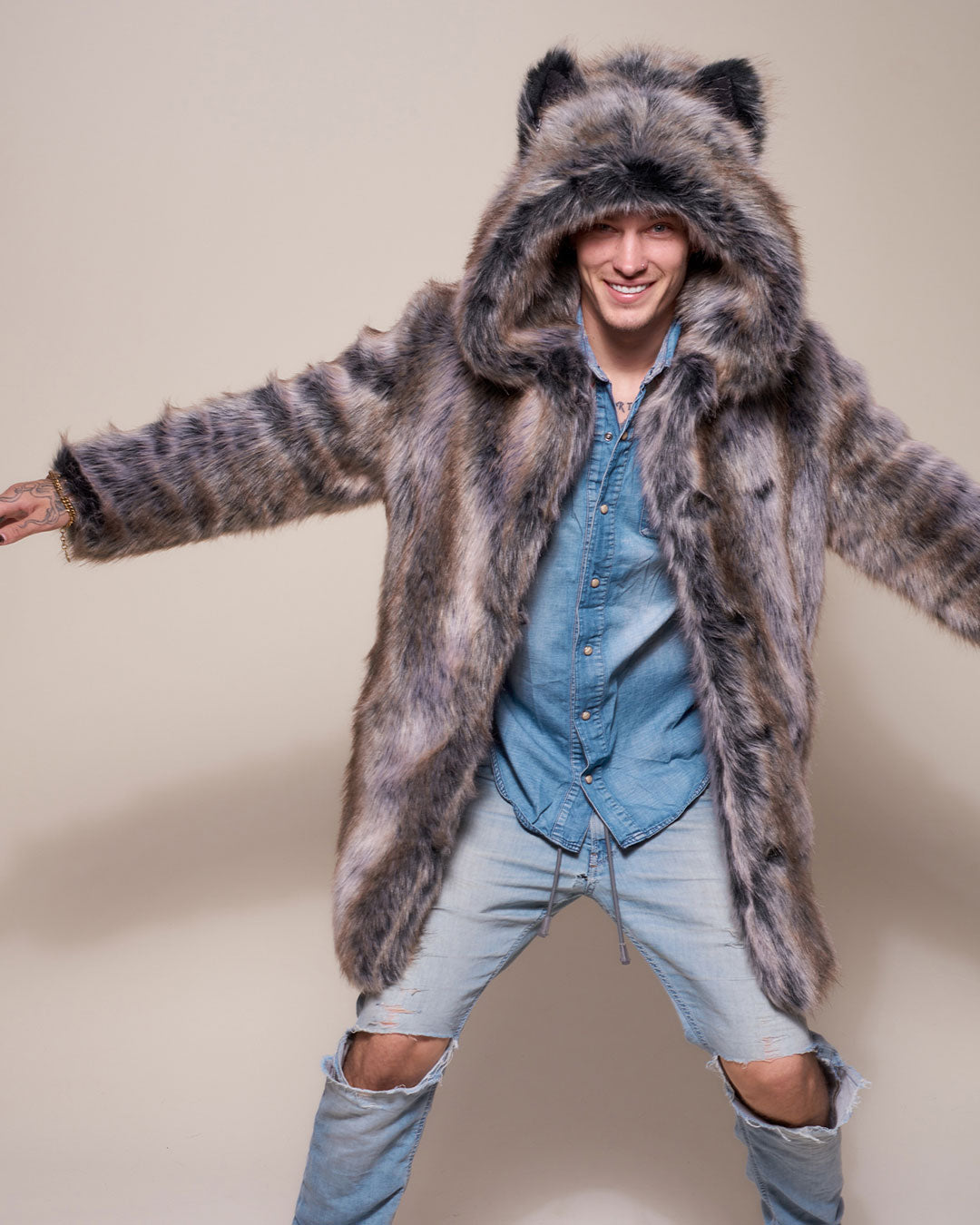 SpiritHoods® Faux Fur Mens Coat With Hood & Ears Classic Grey Wolf