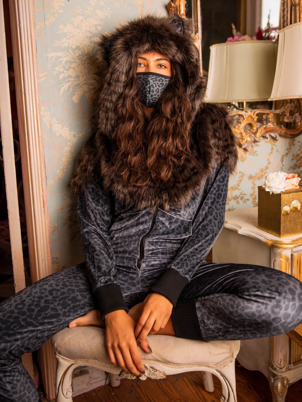 Womens Black Panther Faux Fur One Piece Spirithoods 