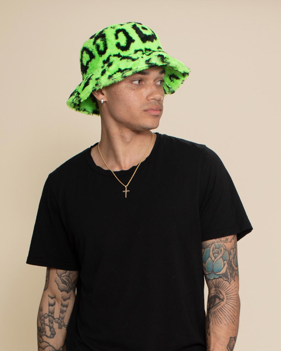 Neon Green Leopard Faux Fur Bucket Hat | Men's - SpiritHoods