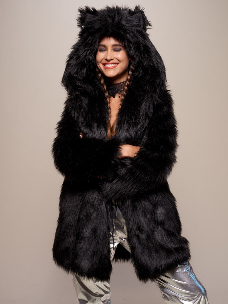 faux fur coat black with hood