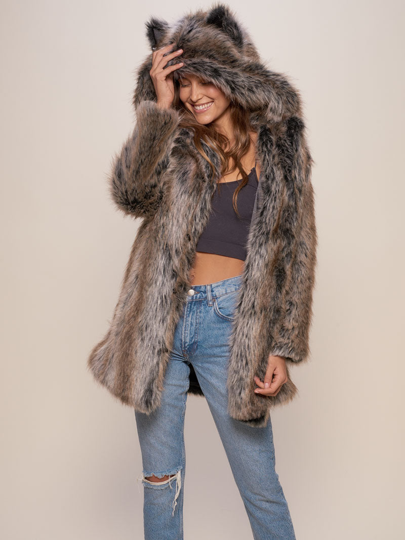 SpiritHoods® Faux Fur Womens Coat With Hood & Ears Classic Grey Wolf