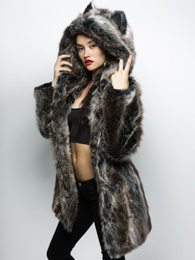 Classic Grey Wolf Faux Fur Coat
