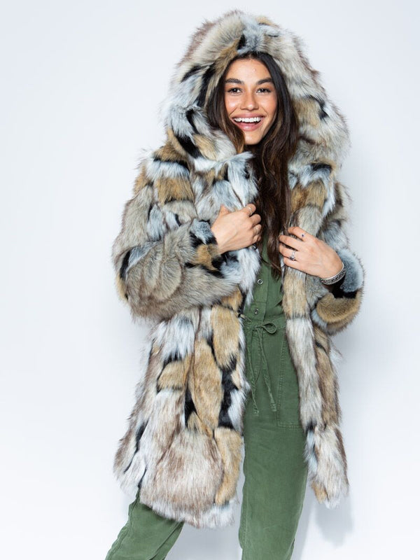 Women's Patchwork Faux Fur Wolverine Coat Grey With Hood - SpiritHoods