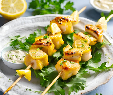 zesty Mediterranean marinated fish skewers grilled or bbq