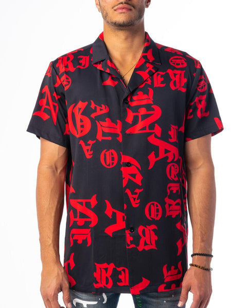 GALA - TYPO LOUNGE BUTTON UP - BLACK/RED – Krispy Addicts Clothing Boutique